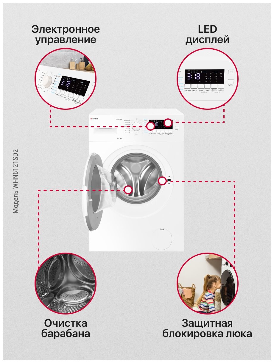 Стиральная машина Hansa WHN6121SD2 класс: A++ загр.фронтальная макс.:6кг  белый в магазине Лидер